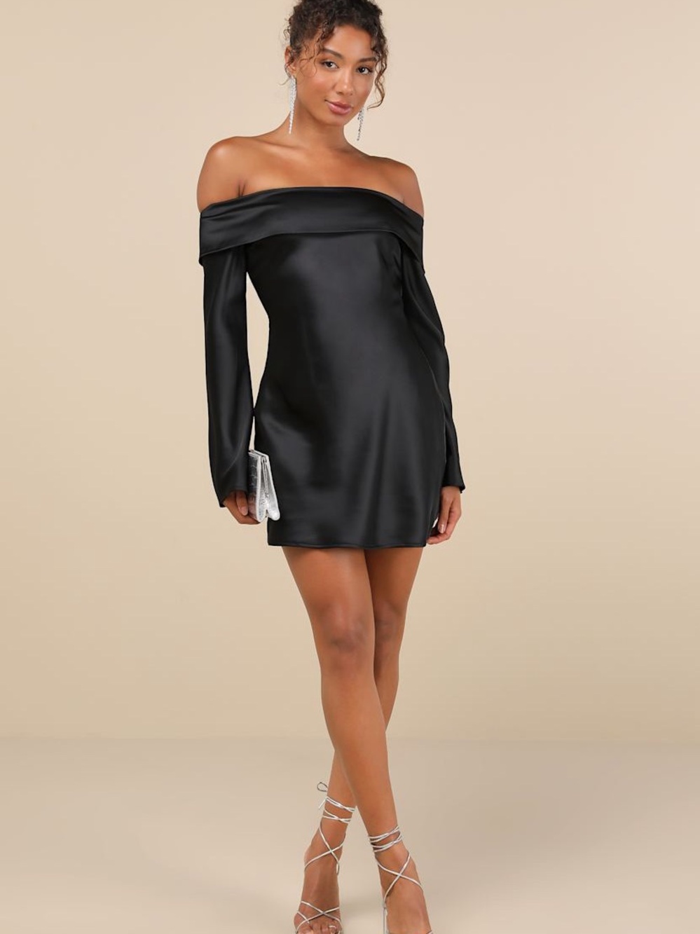 NWT Lulus Luxurious Vision Black Satin Off-the-Shoulder Mini Dress Size Small